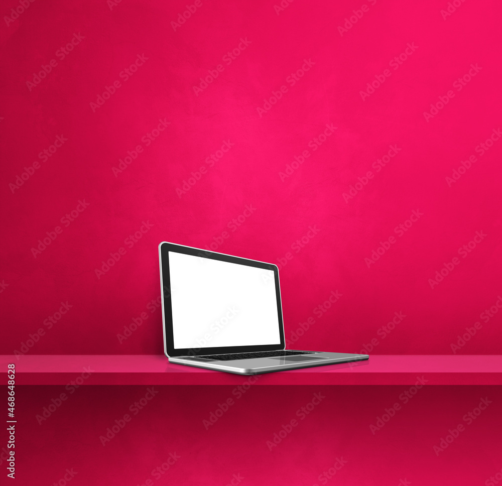 Laptop computer on pink shelf. Square background Laptop computer on pink shelf. Square background