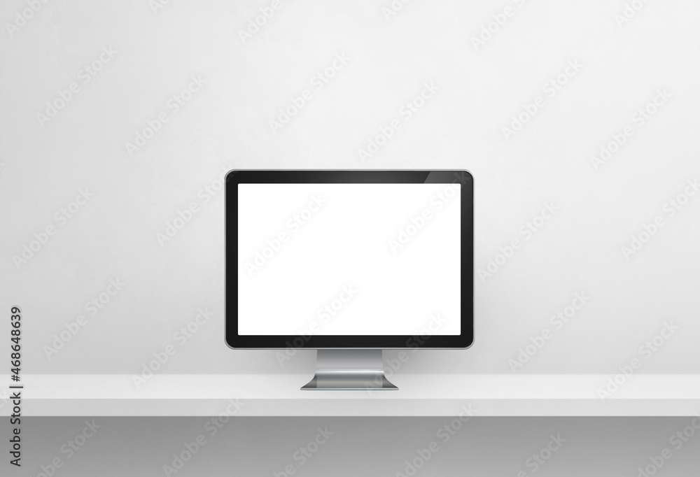 Computer pc on white concrete shelf banner Computer pc on white concrete shelf banner