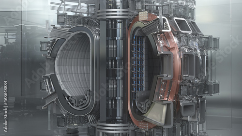 Thermonuclear reactor ITER. Tokamak. International Thermonuclear Experimental Reactor. The disassembled model is surrounded by glass. Industrial installation. 3d Render photo