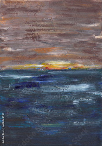 Deep blue sea or ocean at sunset or sunrise with dark cloudy sky. Peaceful acrylics seascape drawing for meditation background, card, print. Original vertical painting on paper. Paint brush texture.