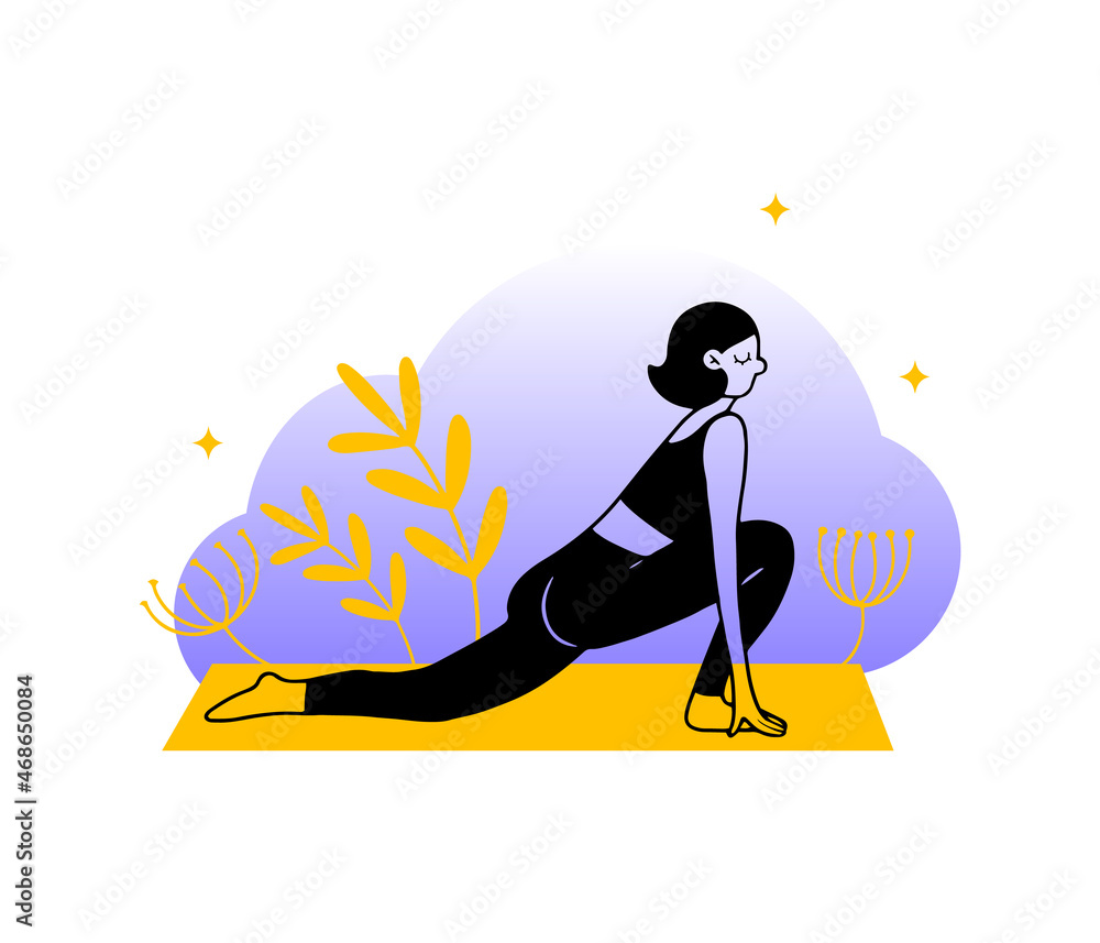 Line art woman practicing yoga, doing asana on a mat, decorated with flowers, cloud vitality concept