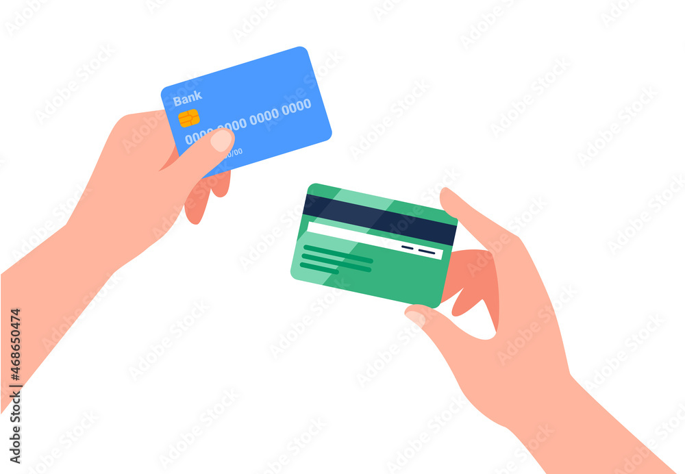 Tableau sur toile Mains tenant des cartes de crédit en plastique