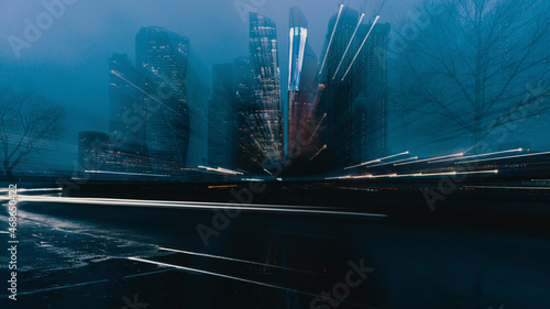 Hi-tech abstract background. Cityscape of skyscrapers of Moscow City Zooming. High quality photo