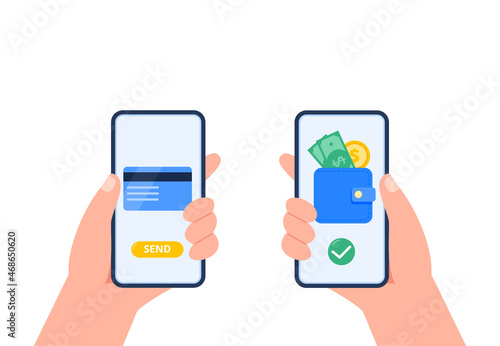 People send and receive money with their mobile phones. Non-cash money turnover. Financial operations, transactions, investments, and payment concept. Vector flat illustration.