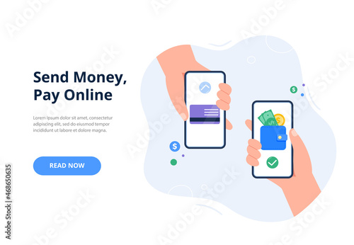 Online payment concept. People send and receive money with their mobile phones. Non-cash money turnover. Trendy flat vector illustration for banners, landing page template, mobile app.