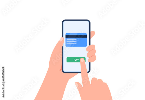 Pay by credit card via electronic wallet on a smartphone. Non-cash money turnover. Financial operations, transactions, investments, and payment concept. Vector flat illustration.