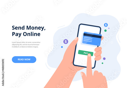 Online payment by credit card concept. Pay by card via electronic wallet on a smartphone. Non-cash money turnover. Trendy flat vector illustration for banners, landing page template, mobile app. photo