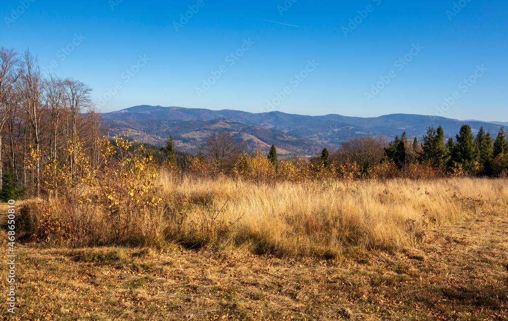 View on autumn forests and mountain landscape seen from the top of Soszów peak in Wisła