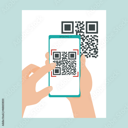 Scan QR code using your smartphone. Person holds phone in hands and scans QR code. Digital technologies, mobile application, Two-dimensional barcode. Quick Response. Vector illustration, flat style