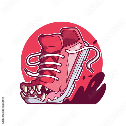 Running Shoe with big teeth vector illustration. Sport, funny, brand design concept.