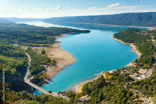 The Lake of Sainte-Croix (French: lac de Sainte-Croix)in France is a man-made lake of a reinforced-concrete arch dam. It is fed by the Verdon river, at the outlet of the Verdon Gorge.