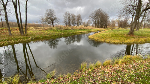 A pond and tree crowns without foliage in an autumn landscape, small islands, reflections of tree branches in water, green grass and yellow leaves on the ground.