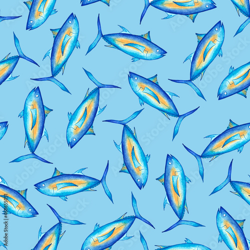 Seamless pattern with bluefin tuna. Sea fish. Watercolor illustration. For printing on fabric, menu design, labels.