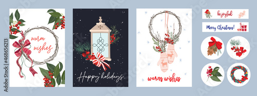 Set of Christmas and New Year cards or invitations. A set of stickers and tags for gifts. Christmas bouquets and compositions. Festive mood