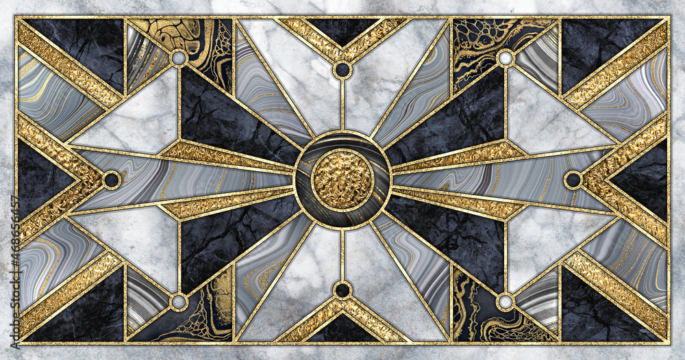 abstract geometric background with marble mosaic inlay. Mixed wall tiles with artificial stone