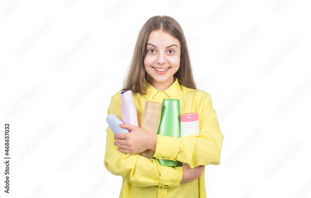 happy kid presenting shampoo or hair body conditioner bottle isolated on white, trichologist happy kid presenting shampoo or hair body conditioner bottle isolated on white, trichologist