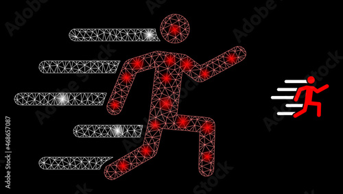 Glossy polygonal mesh web active person icon with glare effect on a black background. Wire frame active person iconic vector with glowing dots in bright colors.