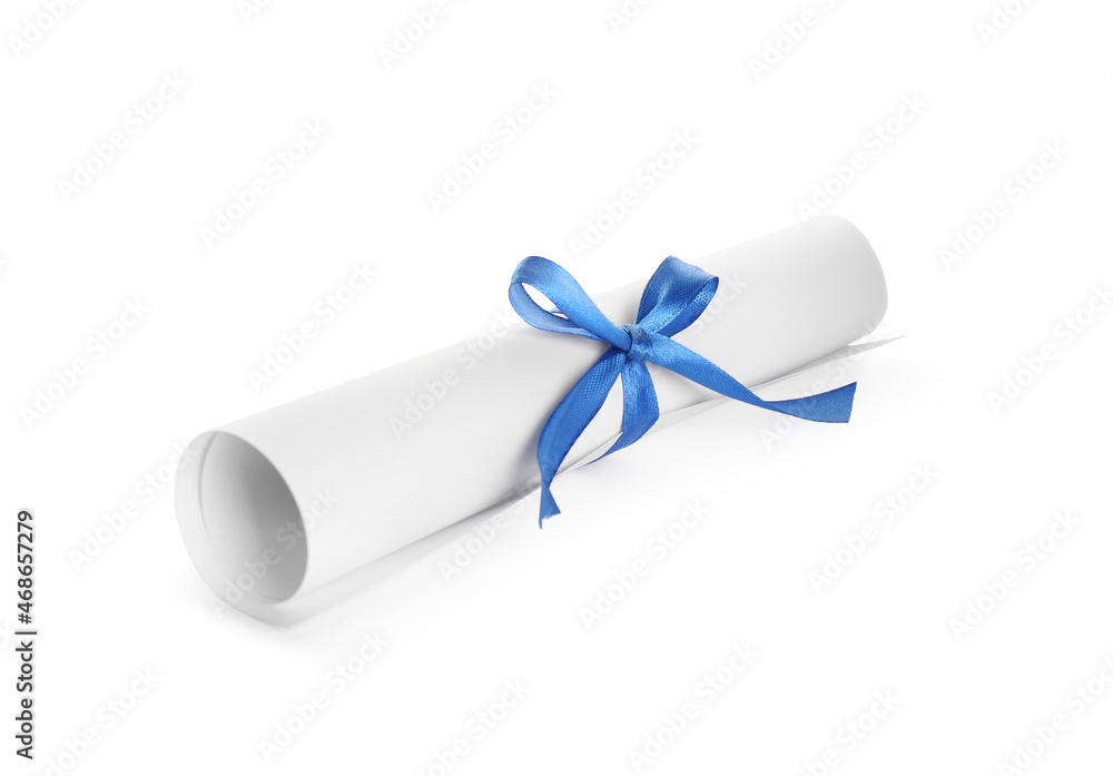 Rolled student's diploma with light blue ribbon isolated on white