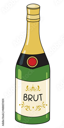 Sparkling Champagne Prosecco Cava wine in a bottle. Doodle cartoon hipster style vector illustration isolated on white background. Good for party card, posters, bar menu or alcohol cook book recipe