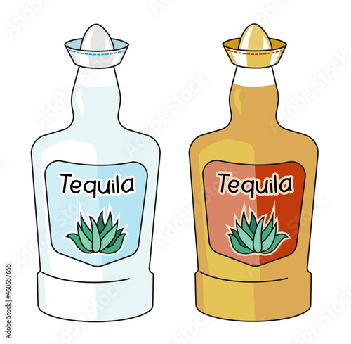 Classic gold and silver Mexican tequila in a bottle. Doodle cartoon hipster style vector illustration isolated on white background. Good for party card, posters, bar menu or alcohol cook book recipe