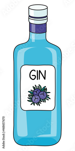Classic dry blue Gin in a bottle. Doodle cartoon hipster style vector illustration isolated on white background. Good for party card, posters, bar menu or alcohol cook book recipe