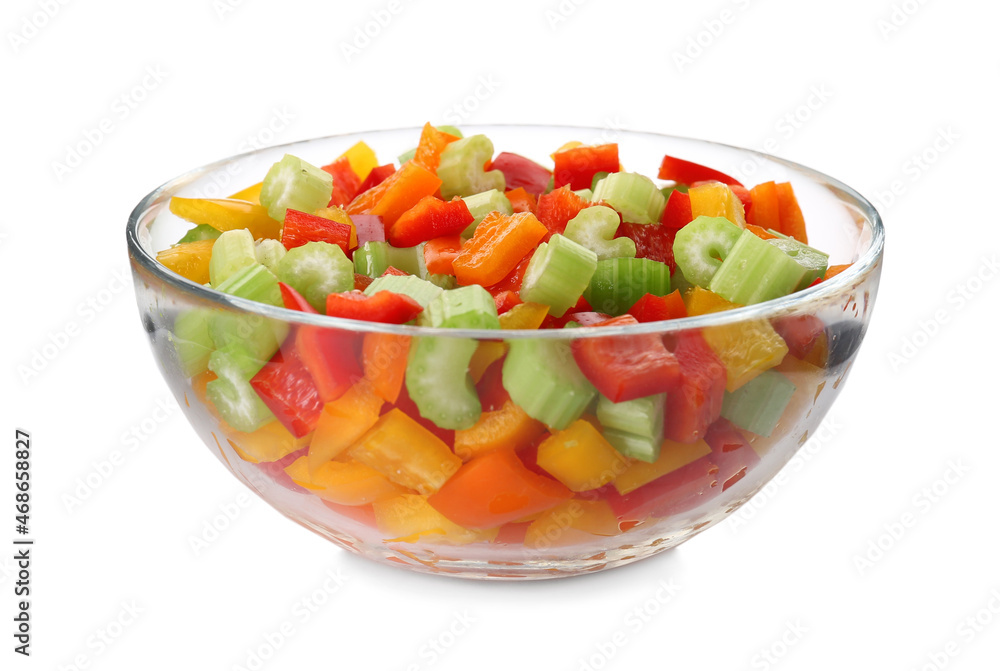 Mix of fresh chopped vegetables in glass bowl isolated on white Mix of fresh chopped vegetables in glass bowl isolated on white