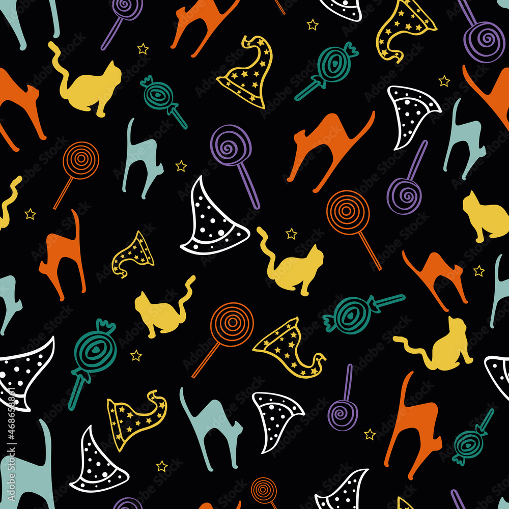 Obraz premium Vector Black Halloween with cats and hats seamless background pattern