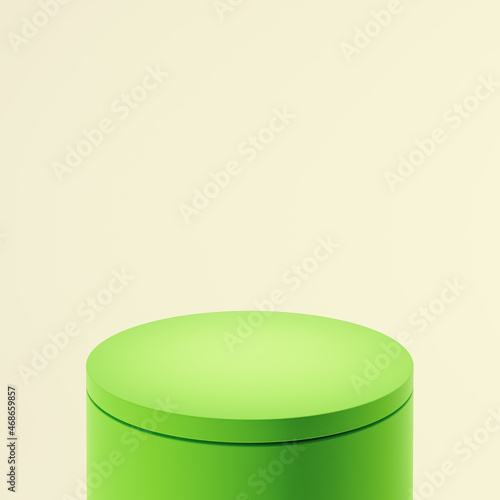 Fresh yellow green color cylindrical pedestal or podium, light citron background. Mock up design for display case,  showcase, shopfront. 3d render illustration.