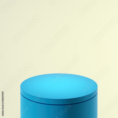 Cyan blue cylindrical pedestal or podium, light citron background. Mock up design for display case,  showcase, shopfront. 3d  illustration.
