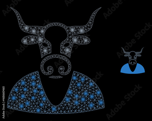 Glossy polygonal mesh web cow boy icon with glare effect on a black background. Carcass cow boy iconic vector with glamour points in stardust colors.