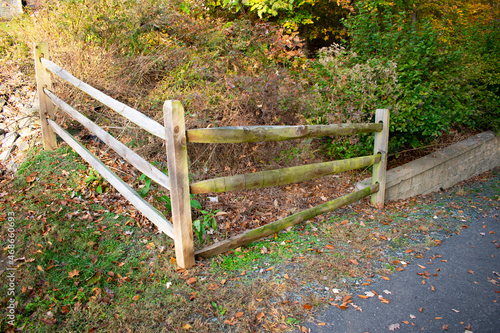 Photo of a paved walking path through autumn woods with a fence Photo of a paved walking path through autumn woods with a fence