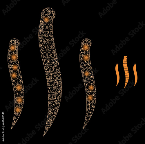 Glossy polygonal mesh web worms icon with glare effect on a black background. Network worms iconic vector with glamour dots in magic colors. Abstraction 2d mesh is designed with triangles,