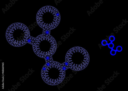Glossy polygonal mesh net microbes icon with glare effect on a black background. Network microbes iconic vector with flash spheres in vibrant colors.