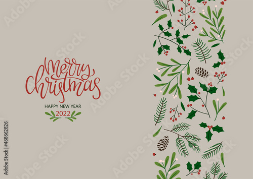 Vintage Christmas elements, winter branches with hand written letterning. Seamless pattern background. Vector holiday texture, template new year card for your design
