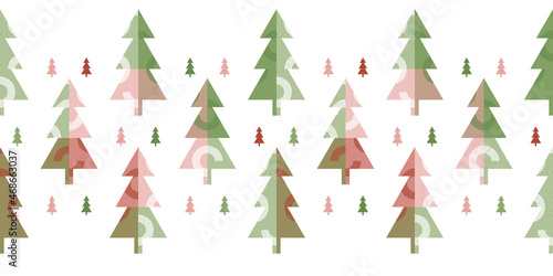 Festive Christmas park Border with colourful decorated geometric trees on white background. Abstract seamless vector pattern suitable for wrapping paper, home decor and stationary.