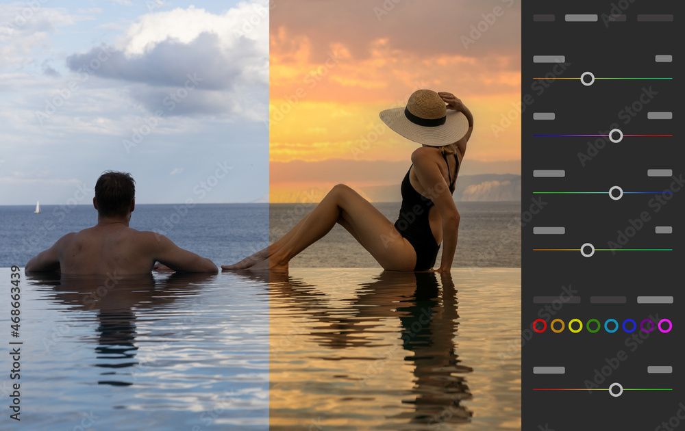 photo editing, color correction. before and after example of image retouching process Stock