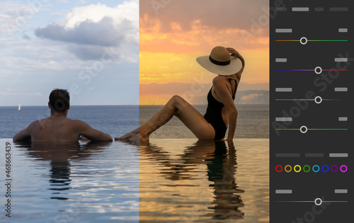 photo editing, color correction. before and after example of image retouching process