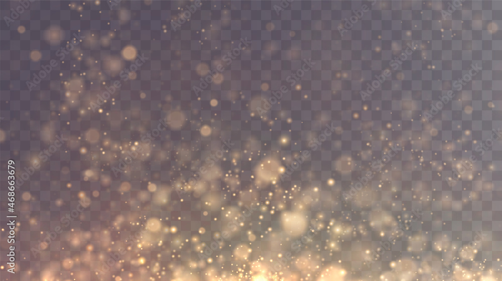 Christmas background. Powder PNG. Magic shining gold dust. Fine, shiny dust bokeh particles fall off slightly. Fantastic shimmer effect.	
