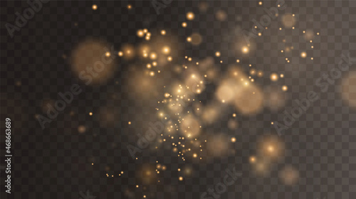 Christmas background. Powder PNG. Magic shining gold dust. Fine, shiny dust bokeh particles fall off slightly. Fantastic shimmer effect.	
