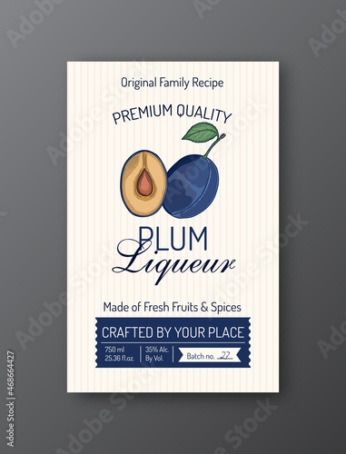 Plum liqueur alcohol label template Modern vector packaging design layout Isolated.