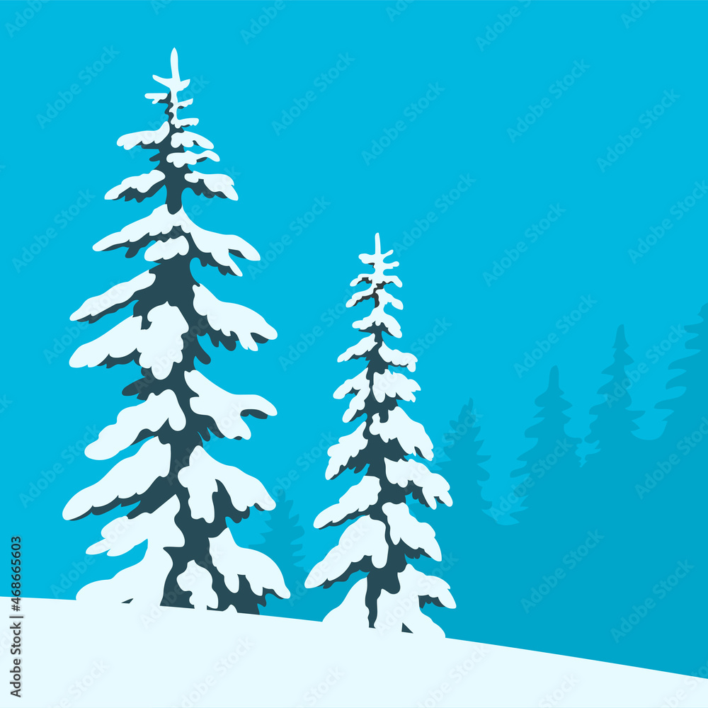 Winter snowy forest. Ate in the snow. Background with blue sky. Vector cartoon illustration