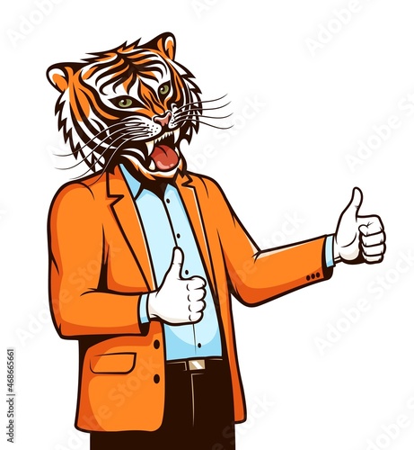 Man with tiger head shows thumbs up. Tiger in jacket explains, shows something. Vector illustration.