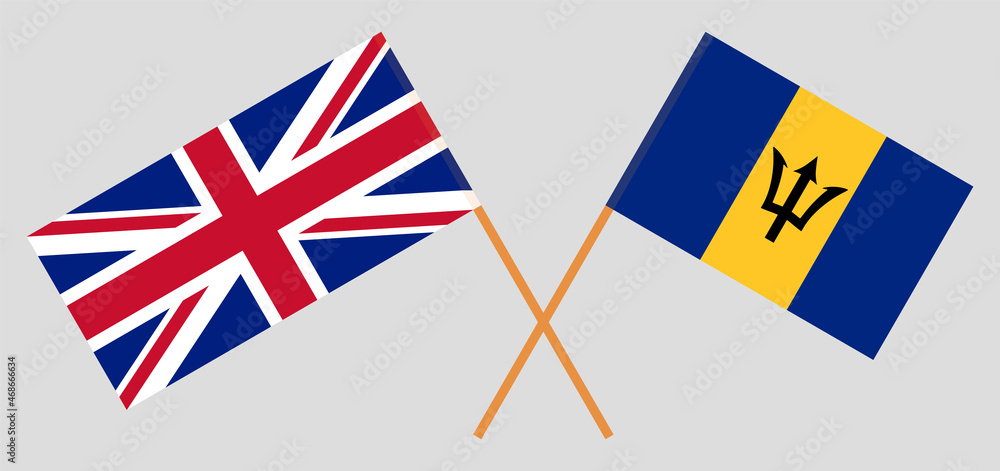Crossed flags of United Kingdom and Barbados. Official colors. Correct proportion