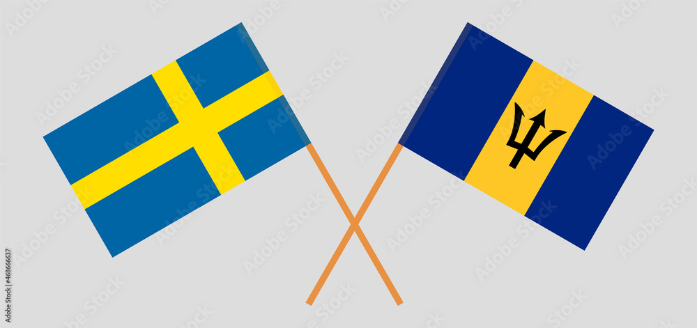 Crossed flags of Sweden and Barbados. Official colors. Correct proportion