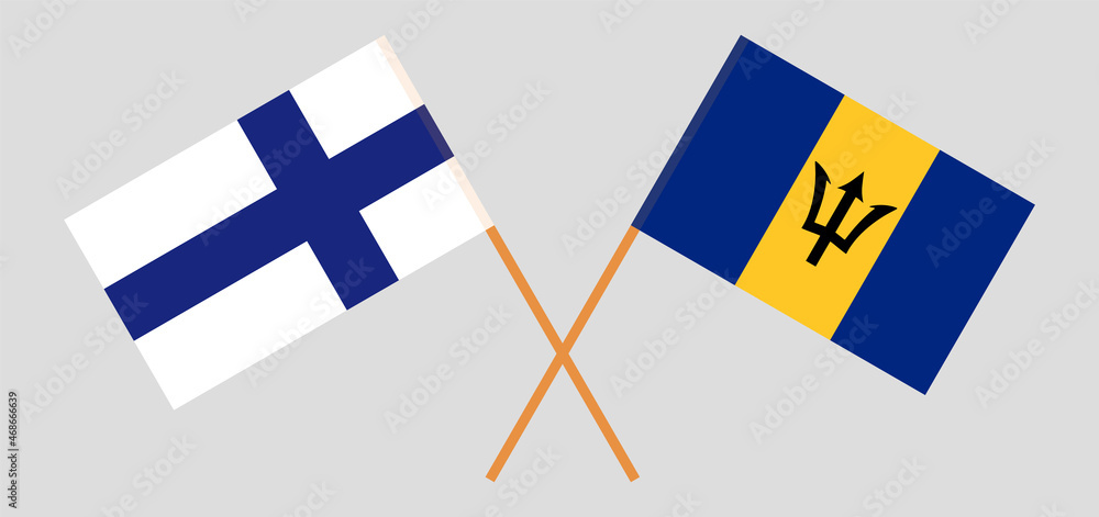 Crossed flags of Finland and Barbados. Official colors. Correct proportion