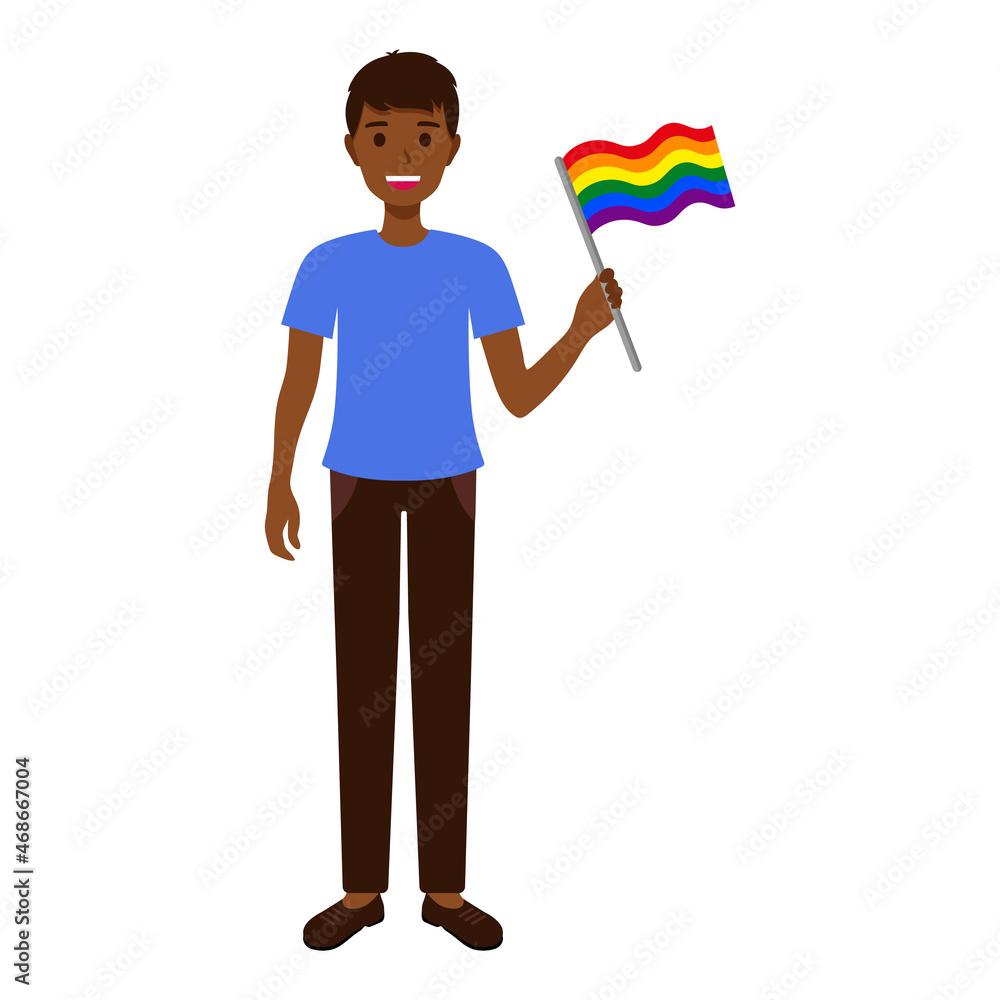 Black brunette man holding rainbow flag taking part in the pride parade. Black brunette man holding rainbow flag taking part in the pride parade.