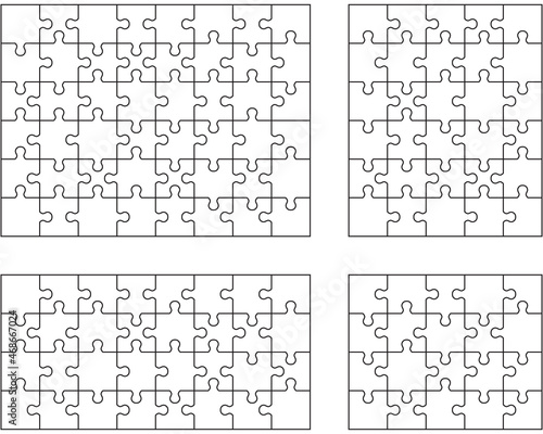 Illustration of four white puzzles, separate pieces 