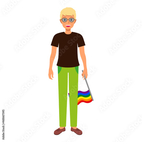 Blonde man holding rainbow flag taking part in the pride parade.