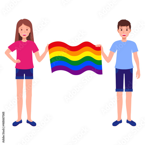 Man and woman holding rainbow flag taking part in the pride parade.