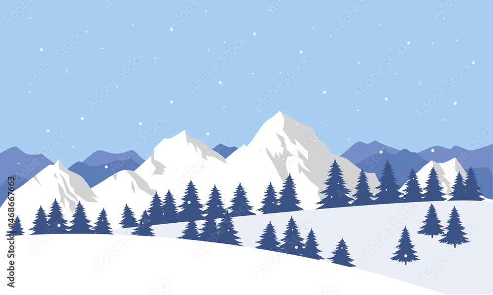 Winter scene with mountains landscape. Christmas background. Vector illustration